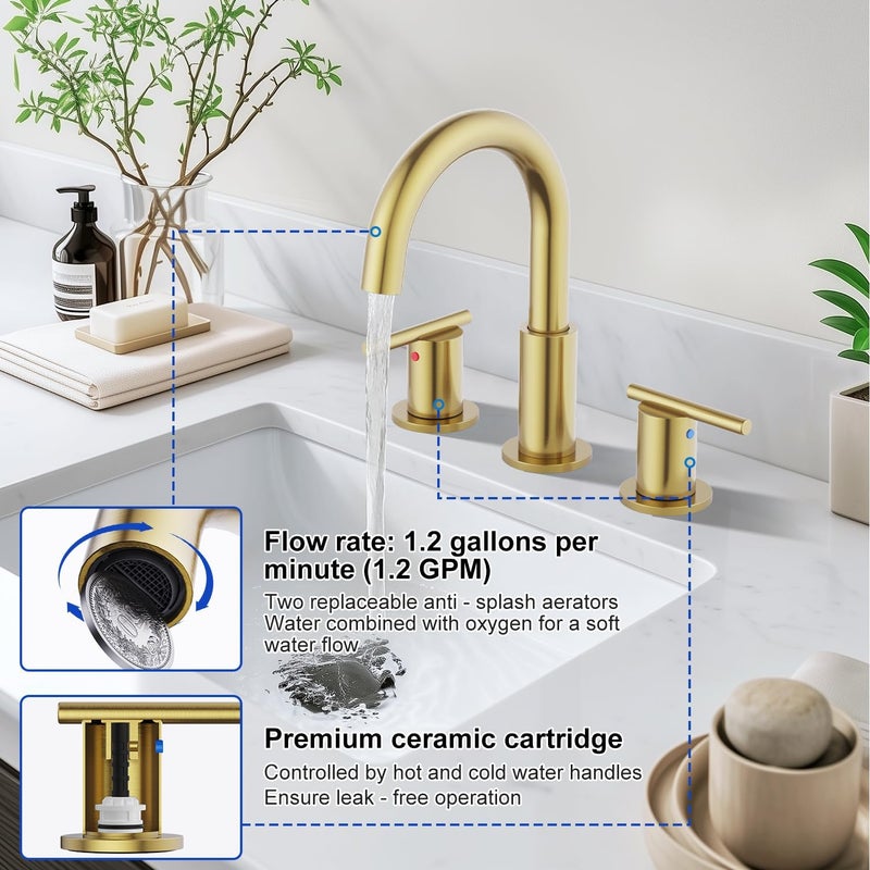 Hurran Bathroom Faucets for 3 Hole Sinks, 8 Inch Brushed Gold Double Handle Bathroom Sink Faucet with 360° Rotating Spout & Pop-Up Drain, Widespread Faucet Suitable for Vanity, RV & Outdoor Sinks - Image 3